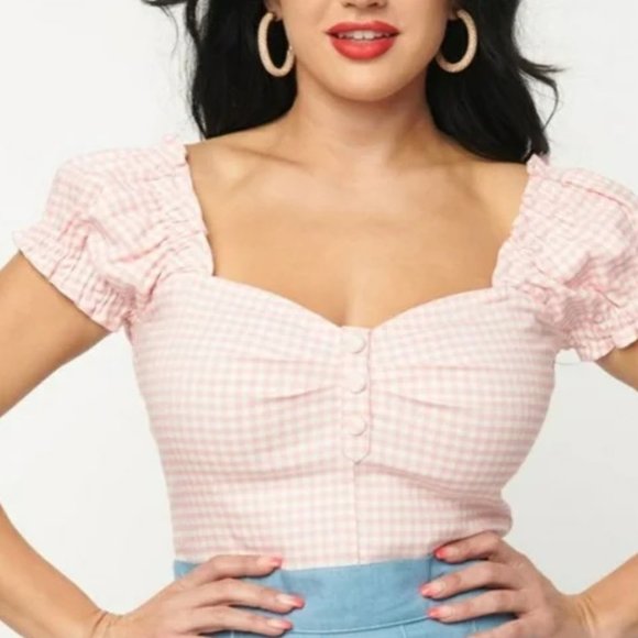 Unique Vintage Tops - 💝Unique Vintage Pink & White Polka Dot Sweetheart Loretta Top - Small (4)